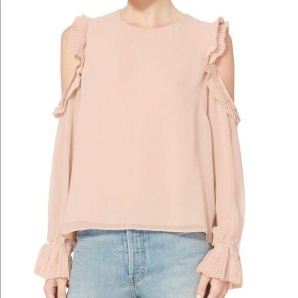 Intermix Nelly Silk Ruffle Cold Shoulder Blouse in Blush Pleated Women's Size 0 - Picture 2 of 10